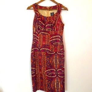 Jax Satin Rich Multicolor Deep Warm Art To Wear Print Fitted Sheath Dress size 6